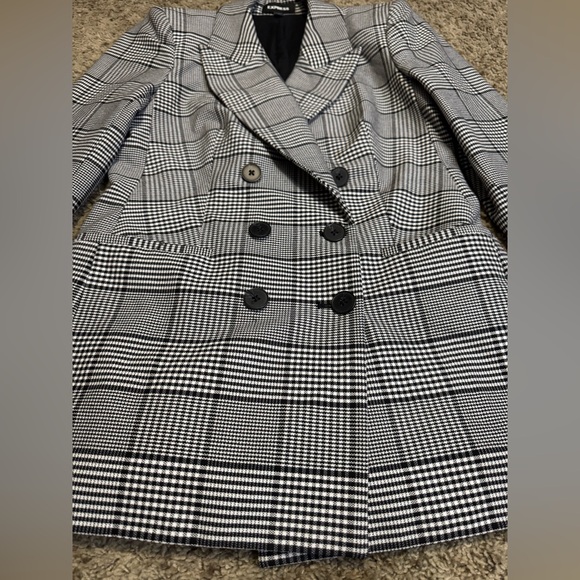 EXPRESS Black White Plaid Lapel Double Breasted Blazer Jacket Career Academia S - Picture 4 of 11